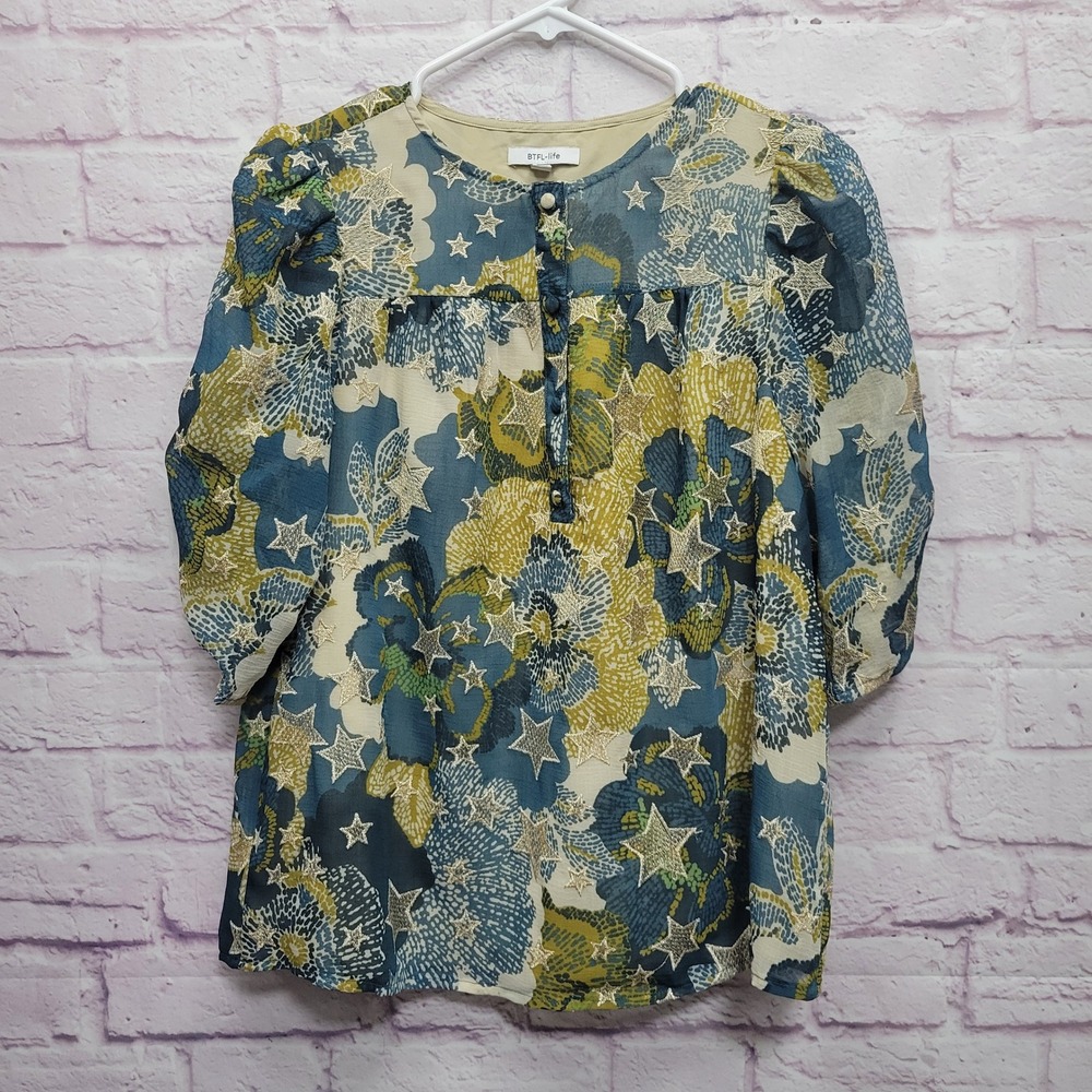 BTFL Life Star Floral Peasant Blouse Sz S Textured Boho Festival Fairy Hippie